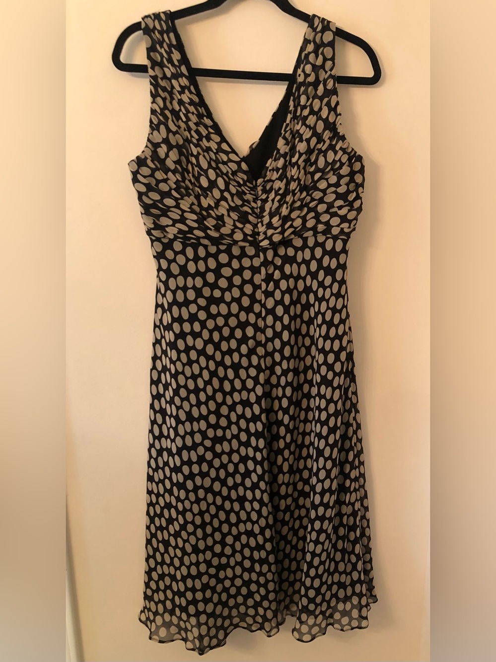 Adrianna Papell Black and Tan Polka Dot Midi Dress plus size LBD V-Neck Cocktail